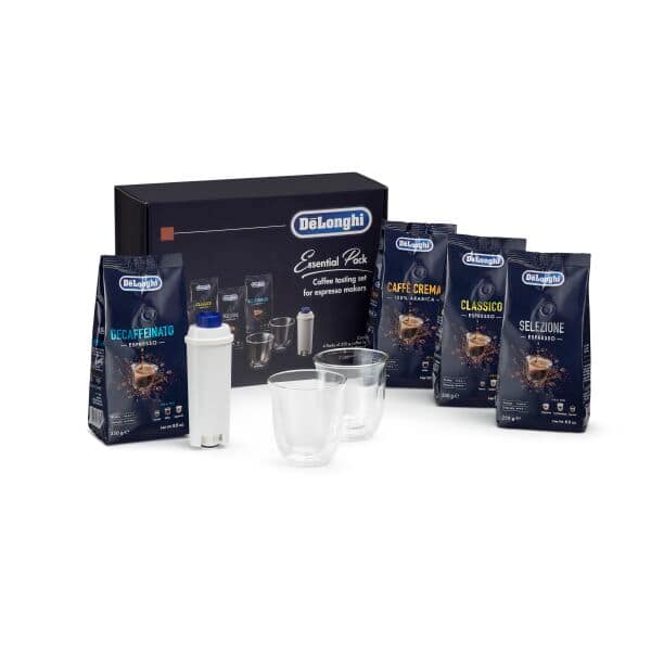 Essential-Packung mit De'Longhi-Kaffeebohnen 4x250 g, Cappuccino-Gläsern x2 und Wasserfilter