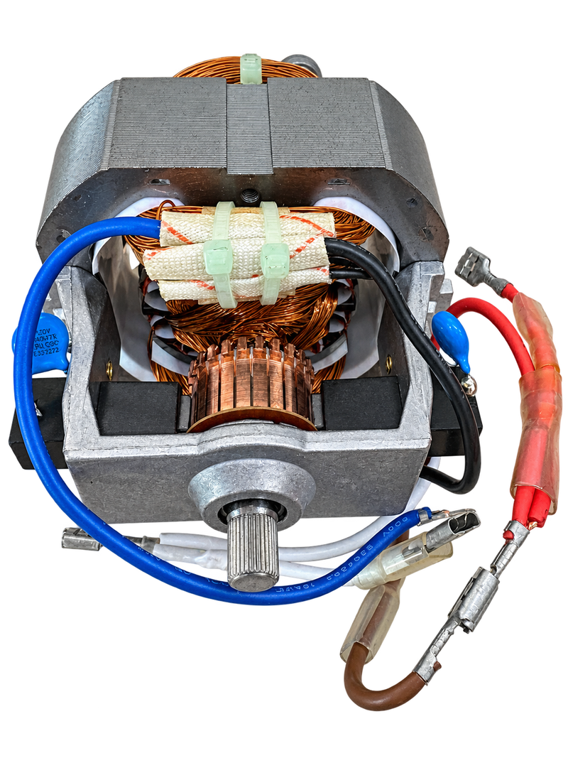 Motor 69369P para picadora de carne Lacor Chop, vista frontal con cableado y fusible térmico