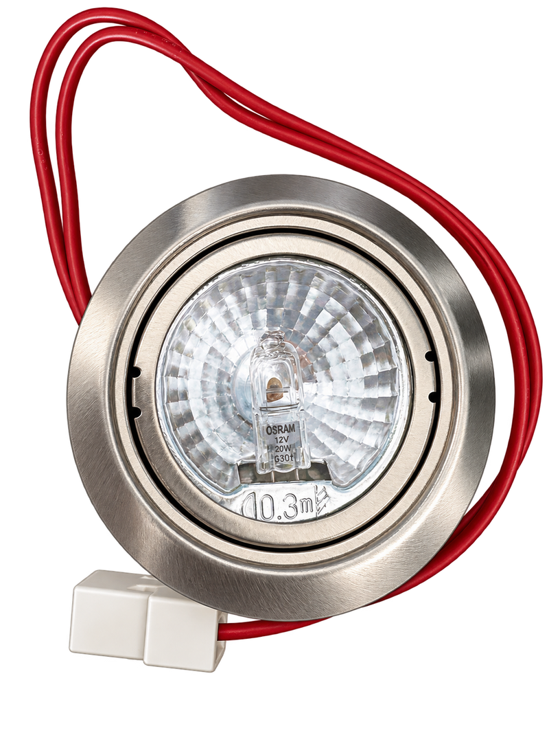Foco halógeno C00632352 para campana Whirlpool Indesit, aro inox con bombilla Osram 12 V 20 W