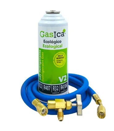 Gas refrigerante GASICA V2 - R22-R32-R407-R290-R410A + manguera carga 1/4"x1/4" + válvula
