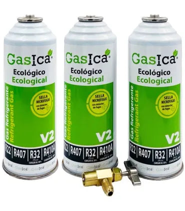 Pack 3 botellas gas refrigerante GASICA V2 - R22-R32-R407-R290-R410A + llave de servicio