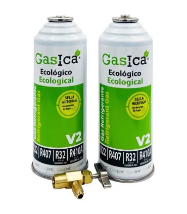 Pack gas refrigerante ecológico GASICA V2 - R22-R32-R407-R290-R410A + llave de servicio
