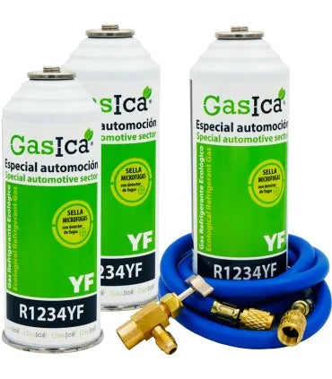 Pack 3 botellas gas refrigerante GASICA YF - R1234yf + manguera carga 1/4"x1/4" + válvula