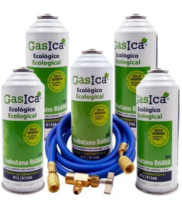 Pack 5 botellas gas refrigerante GASICA D2 - R12 R134a + manguera carga 1/4"x1/4" + válvula