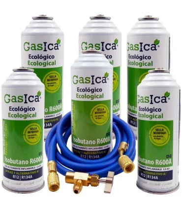 Pack 6 botellas gas refrigerante GASICA D2 - R12 R134a + manguera carga 1/4"x1/4" + válvula