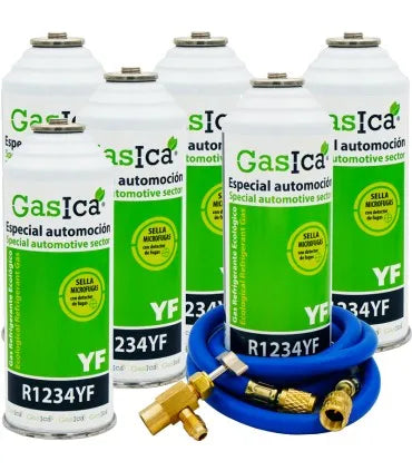 Pack 6 botellas gas refrigerante GASICA YF - R1234yf + manguera carga 1/4"x1/4" + válvula